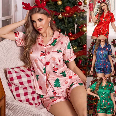 Dames Kerst Satijn Korte Mouw Shorts Pyjama Set Vakantie Nachtkleding Casual Lounge Top en Broek