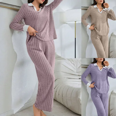 Women Casual Solid Color Long Sleeve Long Pants Loungewear Set Turn Down Collar Loose Fit Soft Polyester Sleepwear