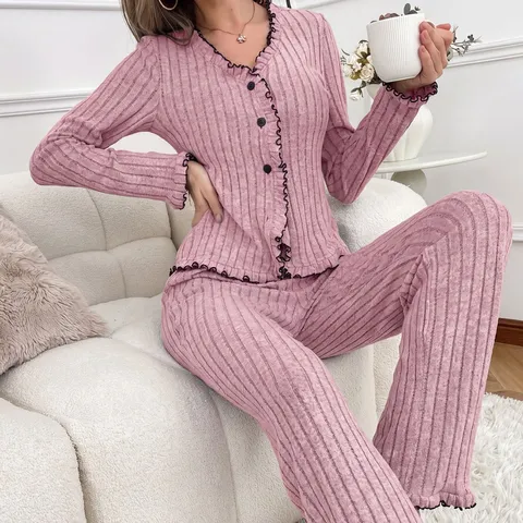 Women Long Sleeve Cardigan Pajama Set V Neck Button Up Ribbed Knit Top And Long Pants Casual Fall Winter Loungewear