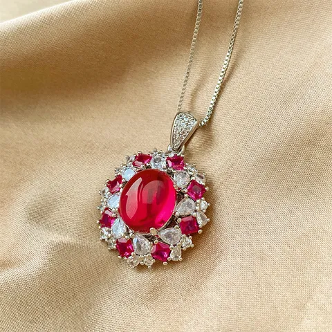 Vintage Copper Colorful Rhinestone Pendant Necklace Luxury Oval Cut Inlaid Adjustable Statement Finger Ring Fashion Fine Jewelry Gift For Women