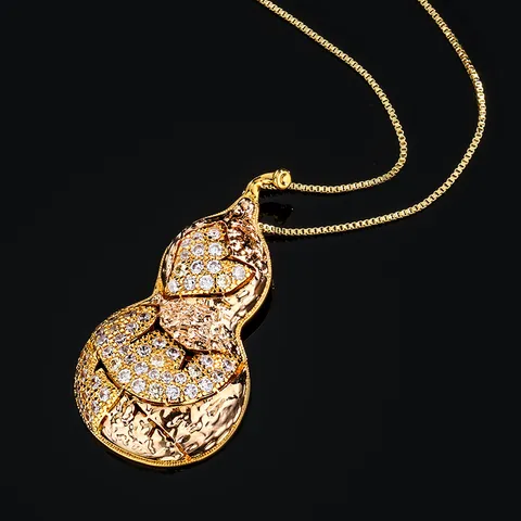 Luxury Gold Plated Copper Rhinestone Gourd Pendant Necklace For Women Chinese Fortune Style Box Chain Necklace Jewelry