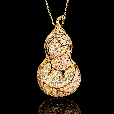 Luxury Gold Plated Copper Rhinestone Gourd Pendant Necklace For Women Chinese Fortune Style Box Chain Necklace Jewelry