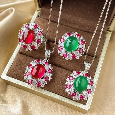 Vintage Copper Colorful Rhinestone Pendant Necklace Luxury Oval Cut Inlaid Adjustable Statement Finger Ring Fashion Fine Jewelry Gift For Women