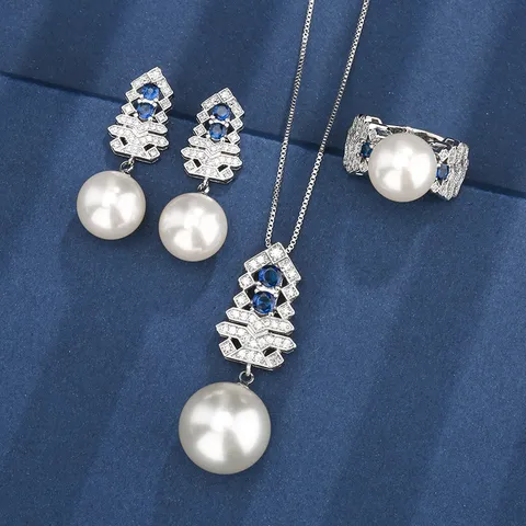 Leichter Luxus Geometrisch Weihnachtsbaum Schmuckset Mit Blauen Edelsteinen Strass Künstliche Perle Halskette Ohrringe Ring Für Damen