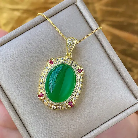 Vintage Kupfer Vergoldet Grüner Chalzedon Anhänger Halskette Roter Korund Ring Schmuckset Damen Oval Edelstein Schmuck