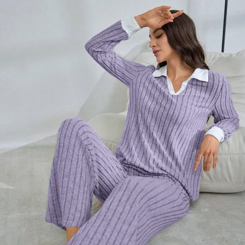 Women Casual Solid Color Long Sleeve Long Pants Loungewear Set Turn Down Collar Loose Fit Soft Polyester Sleepwear