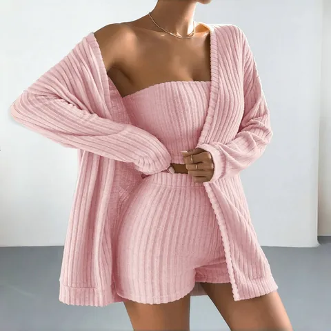Women's Casual Ribbed Long Sleeve Cardigan Tube Top And Shorts Loungewear Pajama Set Soft Comfortable Sleepwear
