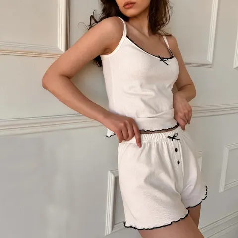 Ensemble Pyjama Côtelé en Viscose Décontracté pour Femme Nœud Papillon Finition Dentelle Haut et Short