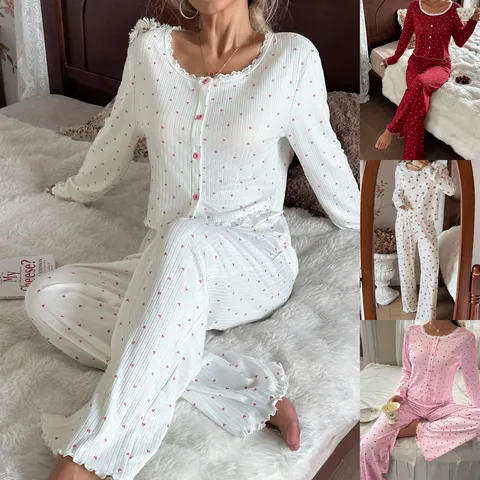 Ensemble Pyjama Femme Automne Hiver Haut Cardigan Manches Longues et Pantalon Vêtement de Nuit Imprimé Cœur Cerise