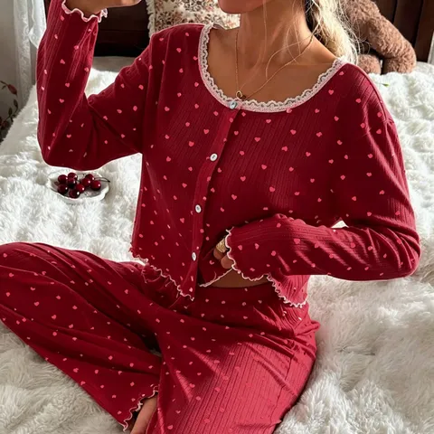 Ensemble Pyjama Femme Automne Hiver Haut Cardigan Manches Longues et Pantalon Vêtement de Nuit Imprimé Cœur Cerise