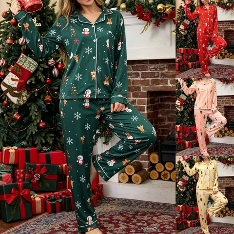 Women's Christmas Printed Long Sleeve Lapel Cardigan Top And Long Pants Pajama Set Casual Sleepwear Home Wear