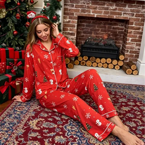 Women's Christmas Printed Long Sleeve Lapel Cardigan Top And Long Pants Pajama Set Casual Sleepwear Home Wear