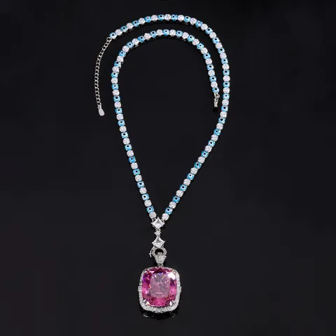 Elegante Set Di Collana Con Ciondolo Grande E Anello In Rame Placcato Oro Bianco Con Zirconia E Malocchio Per Gioielli Da Donna