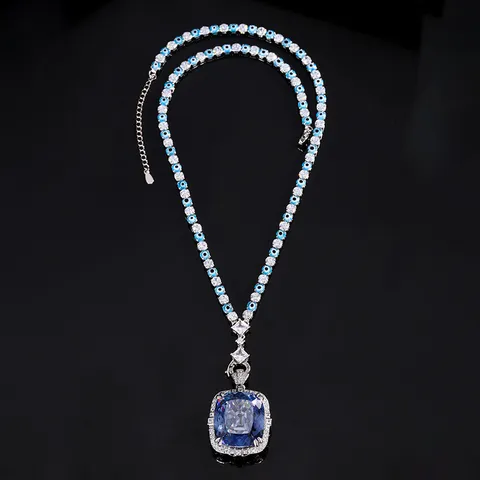Elegante Set Di Collana Con Ciondolo Grande E Anello In Rame Placcato Oro Bianco Con Zirconia E Malocchio Per Gioielli Da Donna