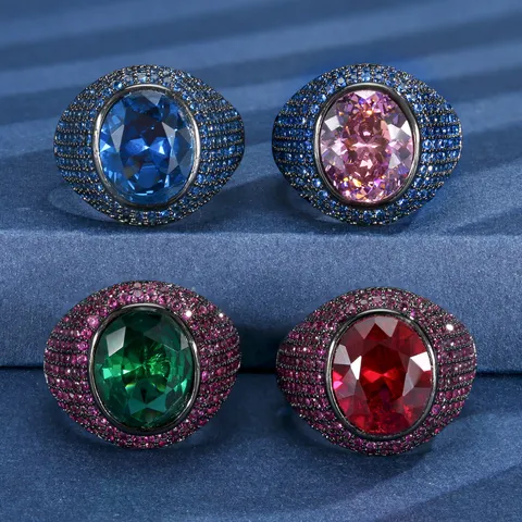 Vintage Black Gold Plated Copper Ring For Women Oval Red Blue Green Pink Rhinestone Personalized Luxury Gemstone Open Ring Jewelry