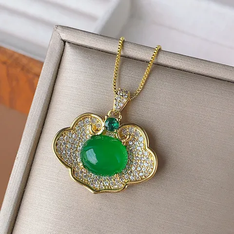 Copper Gold Plated Ruyi Lock Pendant Necklace With Rhinestone Red Blue Green Glowing Gemstone Traditional Chinese Style Necklace