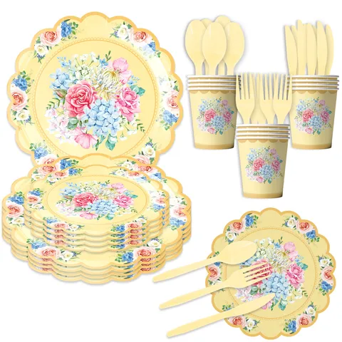 Pastorale Aquarell Blumen Papiergeschirr Wellenrand Teller Servietten Becher Für Tee Party Geburtstag Hochzeit Event Dekorationen