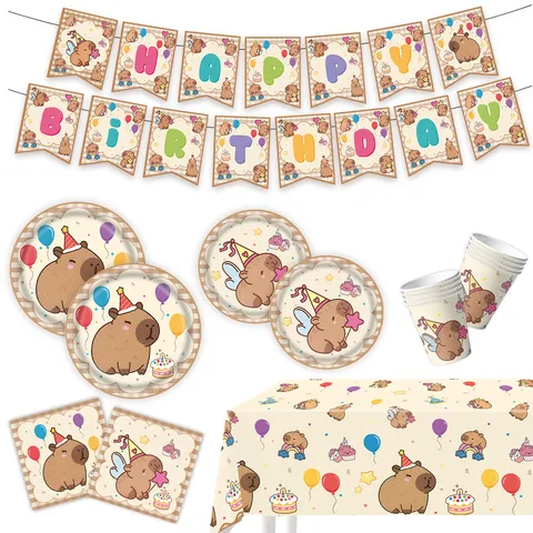 Cute Cartoon Capybara Theme Kids Birthday Party Supplies Disposable Paper Plates Cups Banner Napkins Tablecloth Decorations