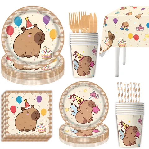 Cute Cartoon Capybara Theme Kids Birthday Party Supplies Disposable Paper Plates Cups Banner Napkins Tablecloth Decorations