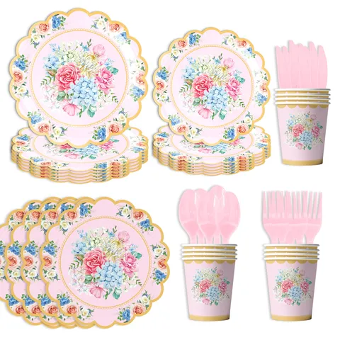 Pastorale Aquarell Blumen Papiergeschirr Wellenrand Teller Servietten Becher Für Tee Party Geburtstag Hochzeit Event Dekorationen