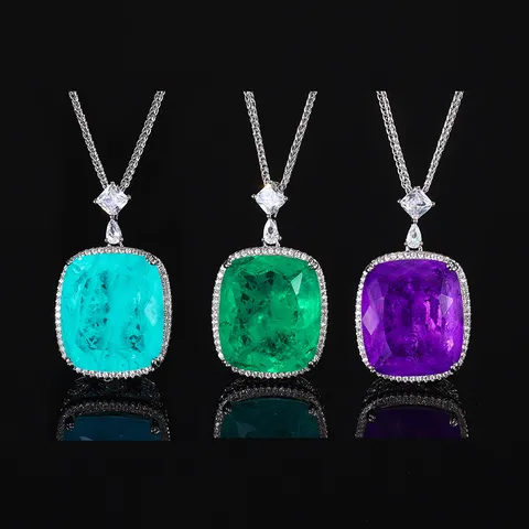 Luxury Gold Plated Copper Rectangle Pendant Necklace Sparkling Rhinestone Halo Rectangle Gemstone Chain Necklace For Women Jewelry