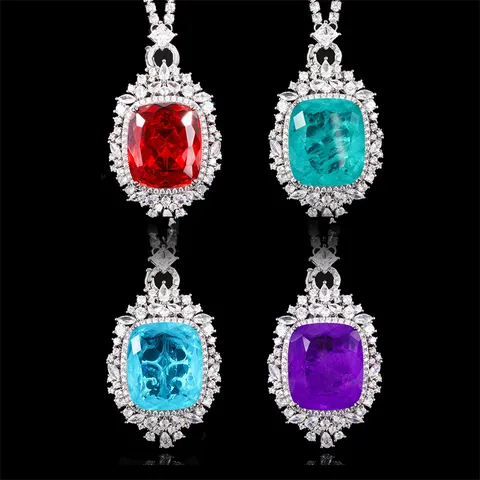 Lussuosa Collana Con Ciondolo in Strass Quadrato Grande Geometrico a Cuscino in Rame Placcato Oro Collane Con Catena da Tennis Halo Lucide Colorate Ciondolo Palazzo Retro Gioielli Regalo Per Donna