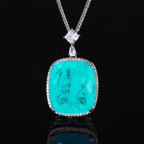 Luxury Gold Plated Copper Rectangle Pendant Necklace Sparkling Rhinestone Halo Rectangle Gemstone Chain Necklace For Women Jewelry