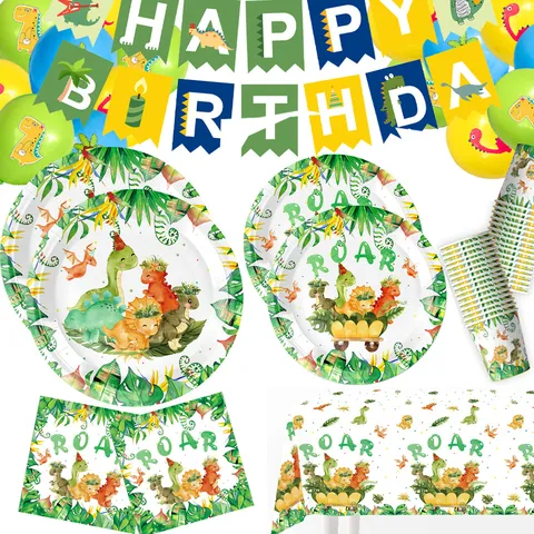 Dinosaurier Party Zubehör Set Aquarell Cartoon Roar Thema Geburtstag Dekorationen Einweg Teller Tassen Servietten Tischdecke Banner Für Kinder Jungen Partyzubehör