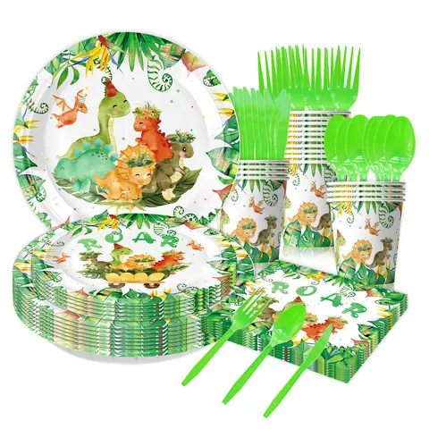 Cartoon Groene Dinosauriër Verjaardag Feestartikelen Kinderen Dinosauriër Thema Viering Wegwerp Papieren Servies Collectie Borden Bekers Servetten Decor