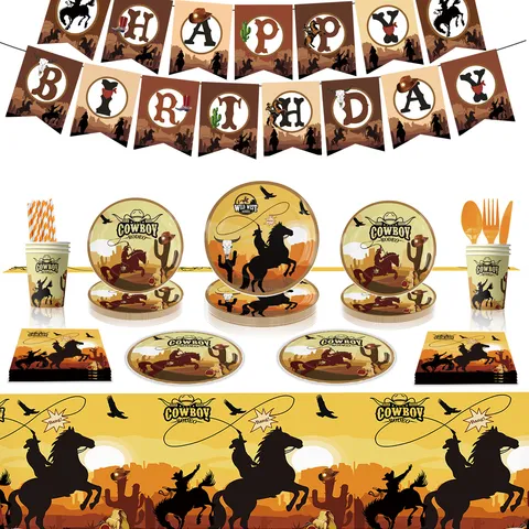 Western Cowboy Thema Kinder Geburtstag Party Zubehör Pappteller Becher Servietten Tischdecke Kuchen Deko Strohhalme Plastikbesteck Set