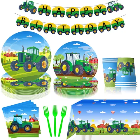 Cartoon Farm Green Tractor Birthday Party Supplies Set Disposable Paper Plates Cups Napkins Banners Balloons Tablecloth Decorative Tableware