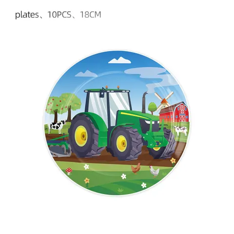 Cartoon Farm Green Tractor Birthday Party Supplies Set Disposable Paper Plates Cups Napkins Banners Balloons Tablecloth Decorative Tableware