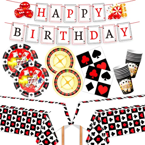 Casino Poker Thema Geburtstag Party Zubehör Set Teller Becher Servietten Banner Kuchen Topper Tischdecke Luftballons Glücksspiel Las Vegas Party Dekorationen