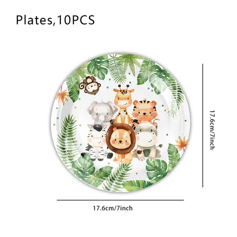 Cartoon Dschungel Wald Tiere Thema Kinder Geburtstag Party Zubehör Set Teller Tassen Servietten Tischdecke Banner Safari Party Geschirr Dekor