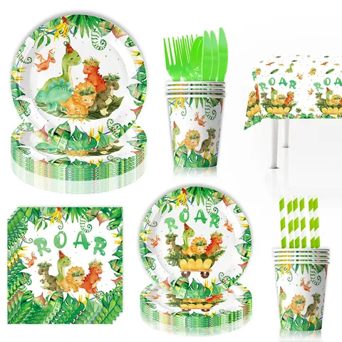 Cartoon Groene Dinosauriër Verjaardag Feestartikelen Kinderen Dinosauriër Thema Viering Wegwerp Papieren Servies Collectie Borden Bekers Servetten Decor