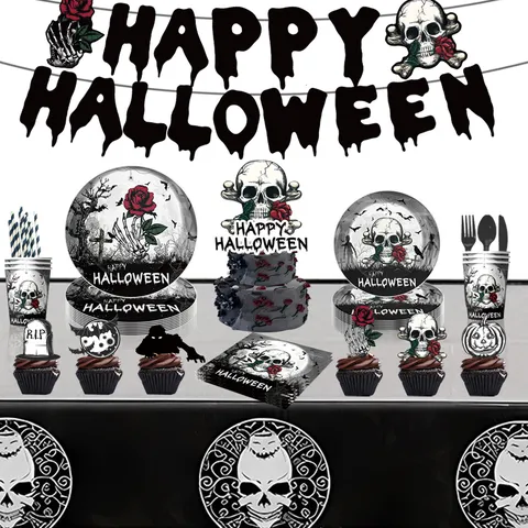 Halloween Party Deko Set Gotisch Totenkopf Kürbis Katze Muster Pappteller Becher Servietten Tischdecke Banner Für Thema Event Party Layout