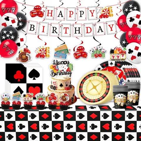 Casino Poker Thema Geburtstag Party Zubehör Set Teller Becher Servietten Banner Kuchen Topper Tischdecke Luftballons Glücksspiel Las Vegas Party Dekorationen