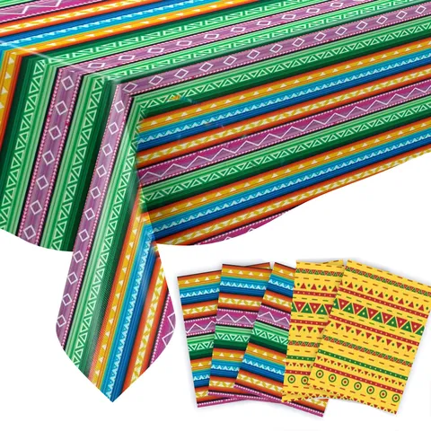 Mexican Fiesta Carnival Colorful Striped Tablecloth Disposable PE Plastic Table Cover For Party Decorations Mexican Theme Festive Tablecloth