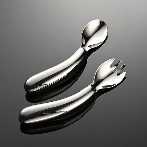 Children Stainless Steel Bent Handle Spoon Fork Infant Baby Self Feeding Training Tableware Ergonomic Design