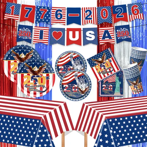 USA 250. Jahrestag Unabhängigkeitstag Patriotisches Partygeschirr-Set Einweg-Papierteller Tassen Servietten Tischdecke Banner Für 4. Juli Feier Rot Weiß Blau Sterne Streifen Dekor