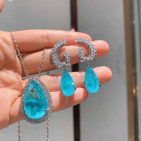 Gioielli Simulati in Tanzanite e Acquamarina Blu Paraiba a Goccia Ciondolo Collana Orecchini a Bottone Ottone Zirconia Gioielli per Donna