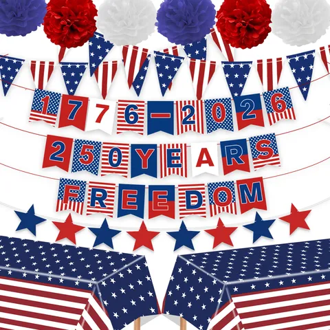 USA 250 Jahrestag Unabhängigkeitstag Patriotische Party Dekorationen Set Banner Dreiecksflagge Folie Fransen Vorhänge Papierfächer Stern Girlanden Tischdecke Feierzubehör