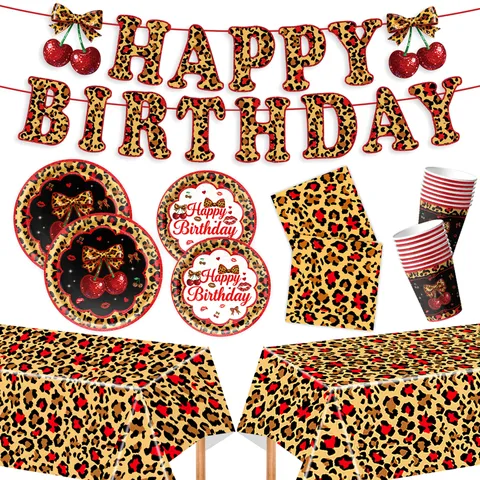 Rote Kirsche Leopardenmuster Geburtstagsparty Geschirr Set Einweg Papierteller Tassen Servietten Banner Tischdecke Kuchendeckel Dekorationen