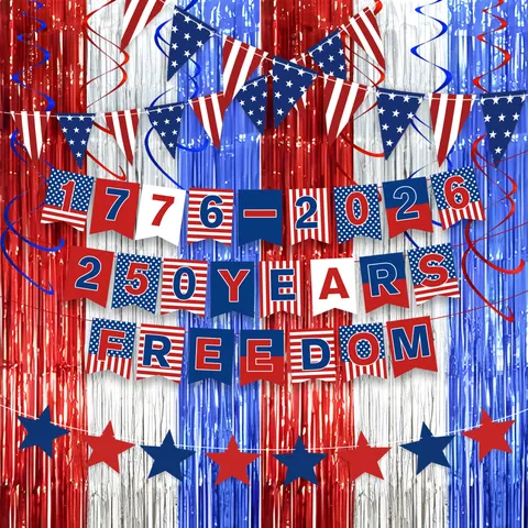 USA 250 Jahrestag Unabhängigkeitstag Patriotische Party Dekorationen Set Banner Dreiecksflagge Folie Fransen Vorhänge Papierfächer Stern Girlanden Tischdecke Feierzubehör