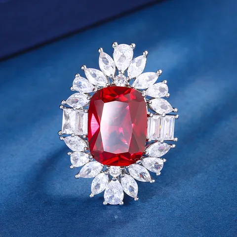 Set di Gioielli in Rubino e Zaffiro Sintetico Rettangolare Placcato Oro di Lusso Ciondolo Elegante con Strass Anello per Donna