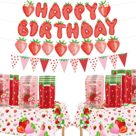 Strawberry Theme Birthday Party Decoration Set Banner Pennant Tablecloth Gift Bags Cute Kids Party Favor Supplies