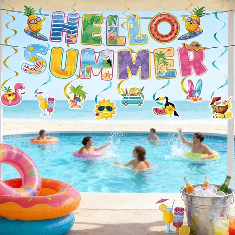 Hawaiian Summer Theme Party Decorations Hello Summer Banner Tropical Flamingo Pineapple Hanging Spiral Swirls For Beach Pool Party Supplies