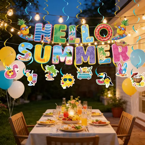 Hawaiian Summer Theme Party Decorations Hello Summer Banner Tropical Flamingo Pineapple Hanging Spiral Swirls For Beach Pool Party Supplies