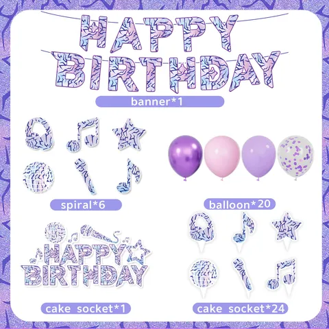 Musik Thema Geburtstagsparty Dekoration Lila Farbverlauf Banner Ballon Kuchen Topper Hängende Wirbel Party Zubehör