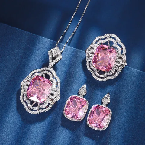 Mode Simulierter Pinker Diamant Schmuckset Für Damen Luxus Kissenschliff Strass Halskette Ring Ohrringe Vergoldet Schmuck